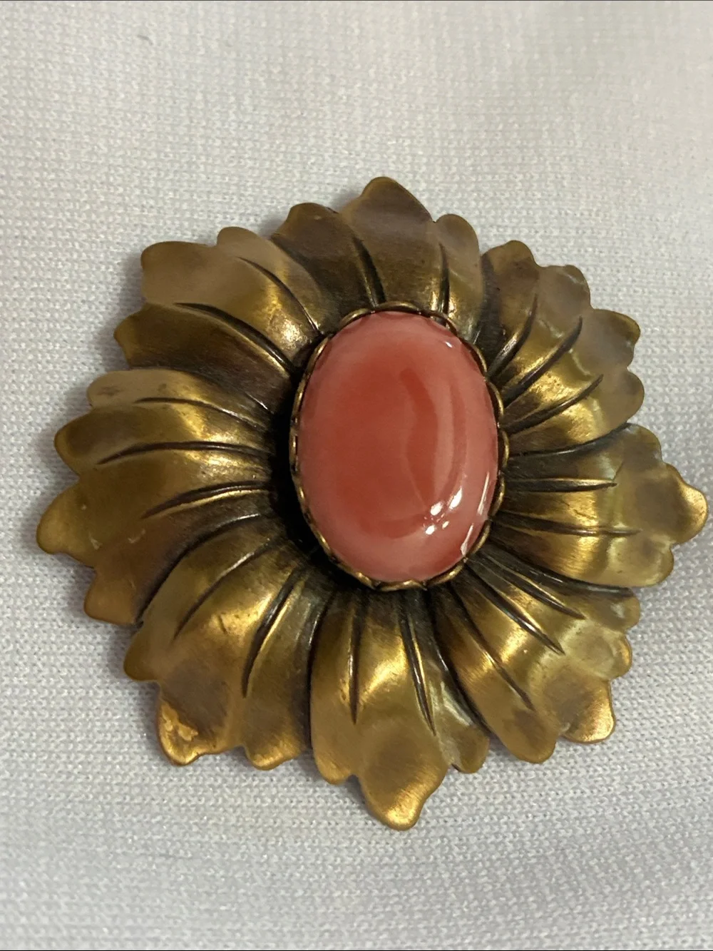 Vintage Jeri Lou Brass Flower Brooch with Coral Pink Cabochon